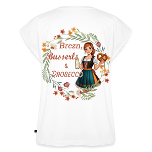 *Brezn Busserl Prosecco* T-Shirt mit gerollten Ärmeln - Weiß