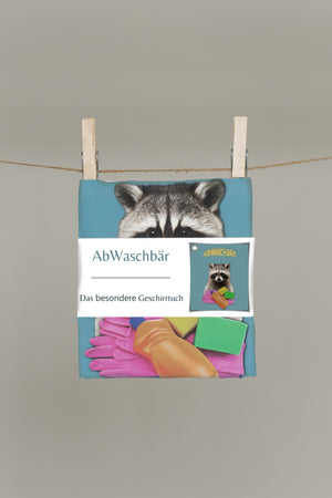 AbWaschbär Geschirrtuch von CALEO d.sign mit Waschbär Motiv und Spülschwamm – humorvolles Design-Geschirrtuch als originelle Geschenkidee für Küche und Haushalt