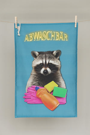 Geschirrtuch ABWASCHBÄR mit Waschbär Motiv und bunten Spülschwämmen von CALEO d.sign