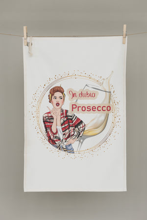 Nachhaltiges Geschirrtuch „In dubio Prosecco“ mit Retro Illustration, Prosecco Motiv und silberfarbener Metallöse