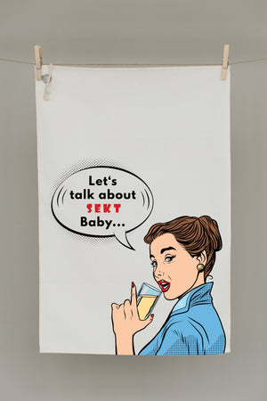 Nachhaltiges Geschirrtuch mit Sekt Motiv und Retro Illustration im modernen Statement-Design