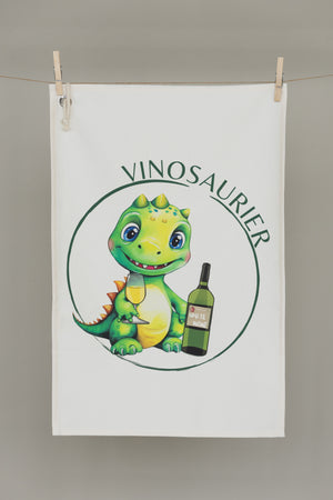 Geschirrtuch VinoSaurier von CALEO d.sign mit Dino Motiv und Weißwein Glas, nachhaltiges Küchentuch mit großer Öse und Baumwollkordel