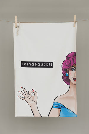 Geschirrtuch „reingeguckt!“ von CALEO d.sign mit humorvoller Pop-Art Illustration und Statement-Design in Weiß und Pink
