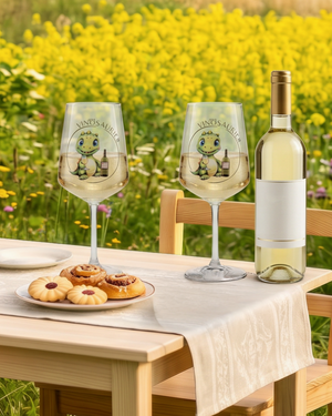 VinoSaurier Partygläser aus Kunststoff auf sommerlich gedecktem Tisch mit Weißwein, Blumen und Gebäck vor idyllischer ländlicher Landschaft mit gelbem Blumenfeld und rotem Landhaus