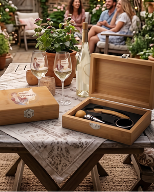 Bambus-Weinbox „In dubio Prosecco“ mit Prosecco-Gläsern und Weinaccessoires auf gemütlichem Gartentisch bei sommerlicher Abendstimmung mit Lichterketten und Freunden im Hintergrund