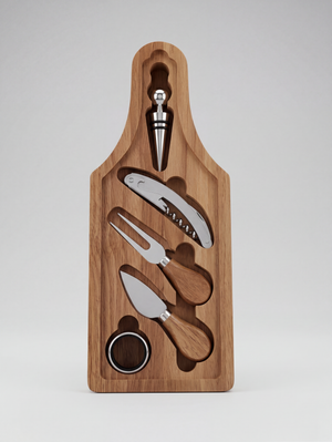 Käse-Wein-Set mit Kellnermesser, Flaschenverschluss, Käsemesser und Käsegabel in Bambus-Schatulle