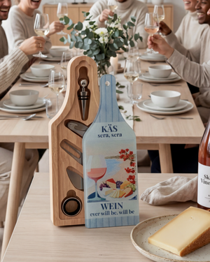 Käse-Wein-Set „KÄS’ sera, sera“ als Geschenkidee für gesellige Weinabende mit Freunden
